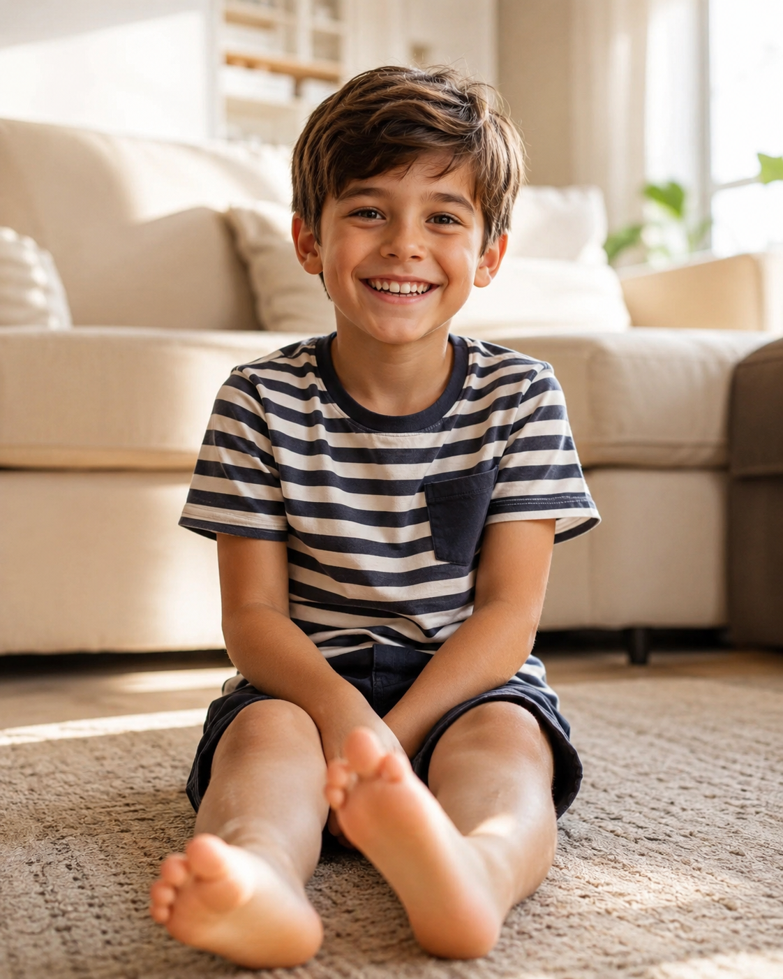 Criança sorrindo sentada no tapete, com os pés à mostra