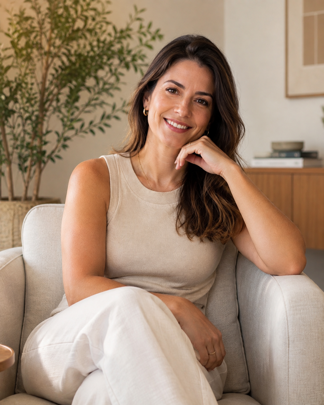 Mulher adulta sorrindo sentada em uma poltrona clara